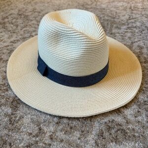 San Diego Hat Company Cream Woven Hat Fedora Beach Pool Denim Band Flat Brim O/S